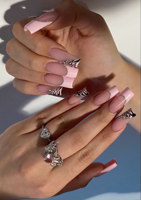 y2k nails,nails,nail inspo,pink nails,zebra nails, nail design, nail art, pink nail art, easy nail art, french nails,pink french ,pink french nails, Y2k Acrylics, Zebra Nails Acrylic, Pink Y2k Nails, Nails Zebra Print, Pink Zebra Nails, Zebra Nails, Wow Nails, Grunge Nails, Girly Acrylic Nails