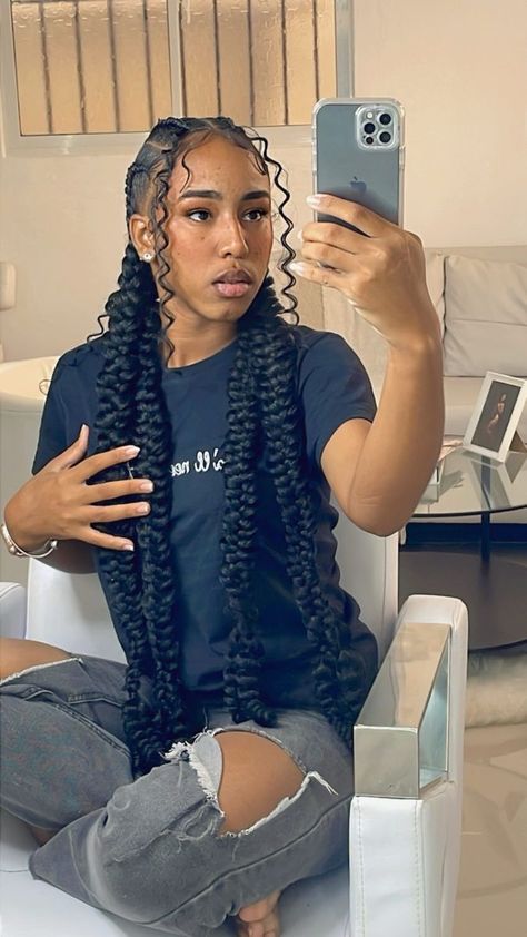 2 Cornrow Braids With Curls, Curly Feed In Braids, 2 Butterfly Braids, Two Braids With Curls, Cornrows With Curls, Two Cornrow Braids, Two Braid Hairstyles, Braided Hairstyles For Black Women Cornrows, Big Box Braids Hairstyles