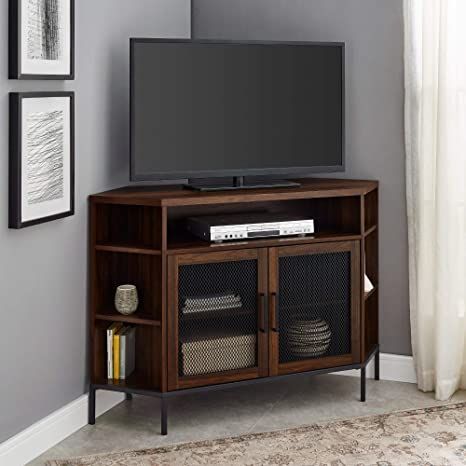 Amazon.com: Modern Metal Mesh Wood Corner Universal TV Stand with Open Shelves Cabinet Doors Storage for TV's up to 55" Flat Screen Living Room Storage Entertainment Center, 48 Inch, Walnut Brown: Kitchen & Dining Wood Corner Tv Stand, Corner Tv Console, Coin Tv, Cabinet Door Storage, Storage Entertainment Center, Corner Tv Stands, Walker Edison Furniture, Entertainment Cabinet, Corner Tv Stand