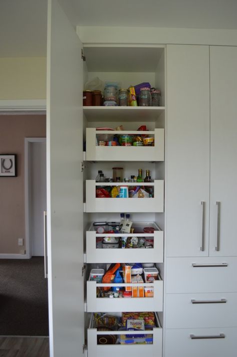 Smart and efficient pull out pantry storage system from Ritma. Photo kindly supplied by Sarah Smith, designer at Oakleigh Fine Furniture, Woolston, Christchurch
All drawers fully extend for good visibility and easy access to contents
Classic round or contemporary square side rail options (both have square front rail)
Kits include drawer sides, drawer runners, front and rear brackets, cover caps and side railings
Suits cabinet sizes up to 1200mm wide and a minimum of 1370mm high Kitchen Pantry Drawers, Pantry Pull Out Drawers, Pantry Pullout, Kitchen Carpentry, Custom Kitchen Drawers, Kitchen Pullout, Minimalist Kitchen Cabinets, Texture Architecture, Cabinet Sizes