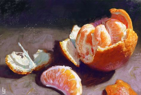 Orange, Lu Yong on ArtStation at https://www.artstation.com/artwork/q9wxRa Mandarin Painting, Orange Drawing, Orange Painting, Pastel Sec, Still Life Fruit, Fruit Illustration, Fruit Painting, Daily Painting, Mors Dag