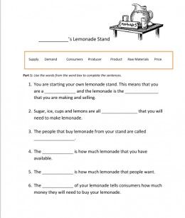 Day 1 Worksheet-Lemonade War 2nd Grade Economics, Economics Worksheets, Economics For Kids, Teaching Economics, Economics Lessons, 3rd Grade Social Studies, Word Boxes, 1 Worksheet, 4th Grade Social Studies