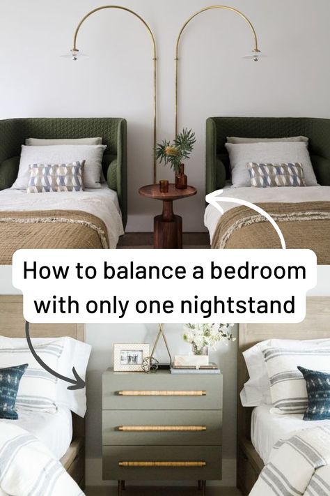 Not all bedrooms have two nightstands. Even though your taste may crave for symmetry, when you discover the potential of having asymmetrical design options (like having only one nightstand), a whole new world will open up to you. With this article, we’re happy to lead you to this new world… through four practical interior arrangement ideas: 1. Nightstand between two beds 2. Bed in the corner 3. Nightstand and dressing table 4. Counterbalance a single nightstand Click for the tips! Bedroom Layout With One Nightstand, Night Stand Between Two Beds, Bed With Only One Nightstand, Mix Matched Nightstands, Only One Nightstand In Bedroom, Single Nightstand Bedroom Layout, Mismatched Night Stands, One Bedside Table In Bedroom, Bedroom With 1 Nightstand