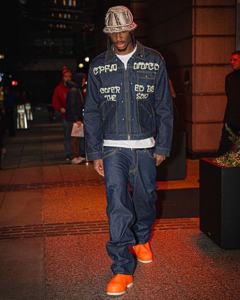 Canadian Tuxedo Mens, Evisu Jeans, Denim Outfit Men, Leather Varsity Jackets, Streetwear Inspiration, Canadian Tuxedo, Denim Street Style, Nba Fashion, Winter Fit