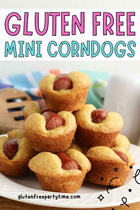 If you want to make one of the best gluten free recipes, you have to try these these easy mini corn dogs! You can bake these corndog muffins appetizers in the oven to prepare a quick snack for your kids. They're a delicious finger food to serve a crowd at any party -- from the Super Bowl to a birthday celebration. Learn how to make this easy hot dog recipe with step by step instructions. Gluten Free Corn Dogs, Gluten Free Hot Dogs, Finger Foods Recipes, Gluten Free Party Food, Hot Dog Recipe, Corn Dog Muffins, Appetizers For A Party, Mini Corn Dogs, Corndog Recipe