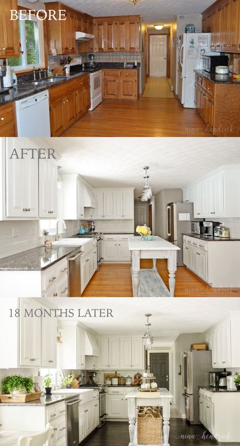 White Painted Kitchen Before, After, & 18 Months Later by @nina_hendrick Paint Cabinets White, Painting Oak Cabinets, Kitchen Ikea, Kabinet Dapur, Kitchen Cabinets Makeover, 아파트 인테리어, After Pictures, Kitchen Diy, Oak Cabinets