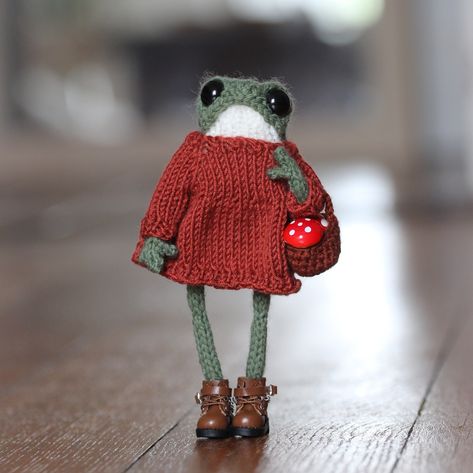 Knit Frog Clothes, Frog Knitting, Frog Clothes, Knitted Frog, Mushroom Frog, Frog Doll, Macrame Bracelet Tutorial, Crochet Frog, Fun Crochet Projects