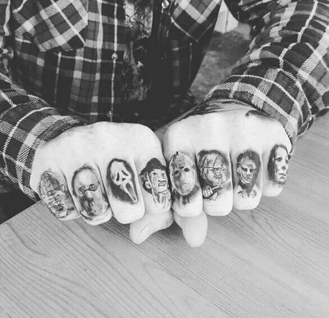 Horror Knuckle Tattoo, Horror Movie Finger Tattoos, Horror Movie Hand Tattoos, Horror Finger Tattoos, Django Tattoo, Small Horror Tattoo, Halloween Finger Tattoos, Small Horror Movie Tattoos, Tattoo Skills