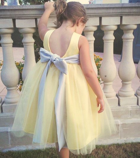 Love this back! Grey Flower Girl Dress, Yellow Flower Girl Dresses, Yellow Grey Weddings, Gray Flower Girl, Yellow Wedding Dress, Satin Flower Girl Dress, Gray Weddings, Yellow Wedding, Satin Flowers