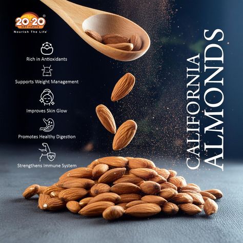 Start your day with a handful of California almonds!  Packed with essential nutrients, these little powerhouses boost energy, support heart health, and enhance brain function.  Stay sharp, stay healthy, stay 2020!  . . . #2020dryfruits #foodphotography #foodie #foodblogger #india #foodstagram #snacks #indiansweets #health #instagood #fruits #seeds #healthyeating #instagram #vegan #foodlover #organic #nutrition #healthysnacks #eathealthy #foodies #homemade #udaipur #cashew #amazon #fitness Cafe Logo Design, California Almonds, Strengthen Immune System, Cafe Logo, Dry Fruits, Indian Sweets, Essential Nutrients, Healthy Digestion, Insta Stories