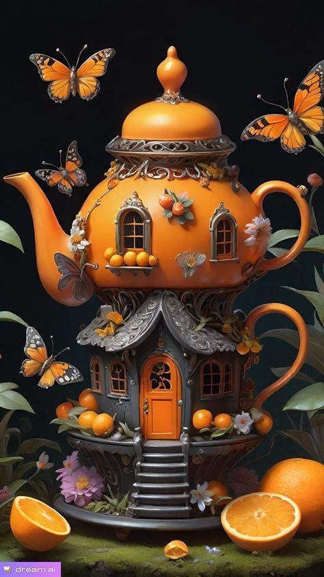 Halloween Teapot, Fantasy Dwellings, Teapot House, Teapot Decor, Wall Mounted Shoe Rack, Art Deco Artwork, Magic House, Teapots Unique, Denim Handbags