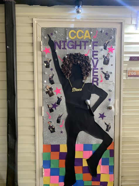 Disco Theme Door Decoration, Disco Themed Hallway, Dance Door Decorations, Disco Theme Classroom Door, 90s Door Decorations, Disco Door Decoration, Disco Bulletin Board Ideas, Homecoming Door Ideas, Disco Classroom