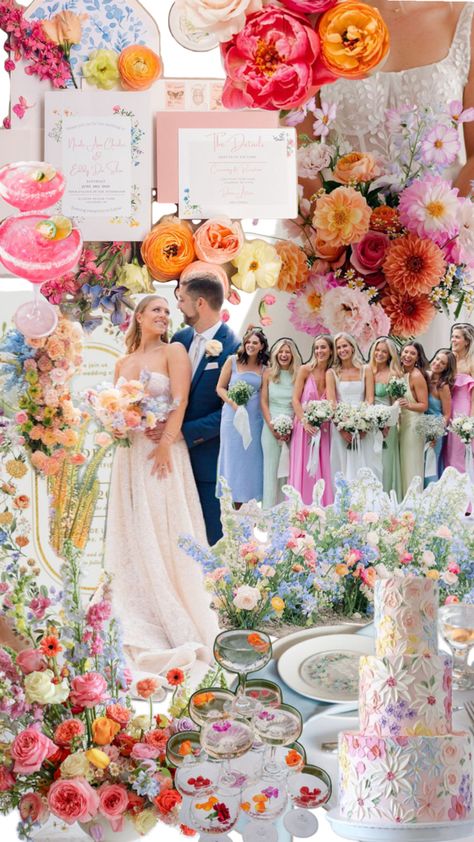 Bright Wedding Theme, Colorful Wedding Decor, Bold Wedding Colors, Wedding Floral Arch, Pastel Wedding Theme, Wildflower Wedding Theme, Wedding Collage, Vibrant Wedding, Decor Eclectic