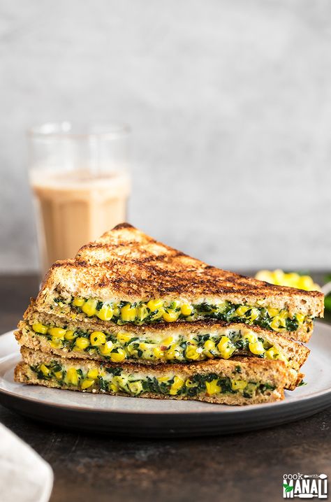 Spinach Corn Sandwich - Cook With Manali Cheesy Sandwich, How To Make Spinach, Boiled Corn, Sandwich Wraps, Vegetarian Snacks Recipes, Vegetarian Snacks, Chopped Spinach, Cheesy Sauce, Vegan Sandwich