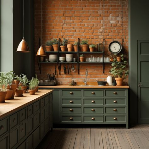 20 Paint Colors to Complement Your Red Brick Wall - HearthandPetals Red Brick Kitchen, Kitchen Brick Wall, Brick Wall Kitchen, Industrial Chic Kitchen, Red Brick Fireplaces, Brick Backsplash Kitchen, Red Brick Walls, Red Brick Wall, Brick Interior