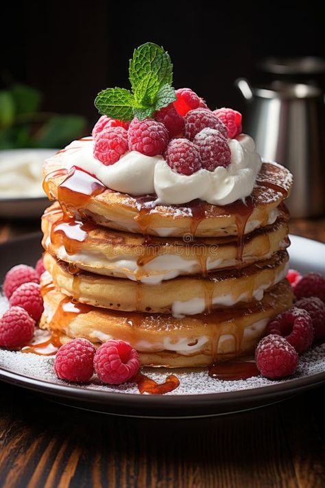 A stack of pancakes topped with whipped cream and raspberries stock photo Pancake Stack Aesthetic, Pancake With Whipped Cream, Pancake Photoshoot, Pancake Shot, Stacked Pancakes, Costa Cafe, Meghan Quinn, Stack Of Pancakes, Food Reference