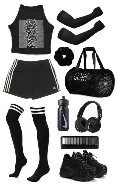 Sporty Emo Outfits, Gothic Workout Outfit, Punk Workout Clothes, Gothic Athletic Wear, Emo Athletic Outfits, Goth Workout Aesthetic, Goth Running Outfit, Alternative Athletic Outfits, Goth Sport Outfit