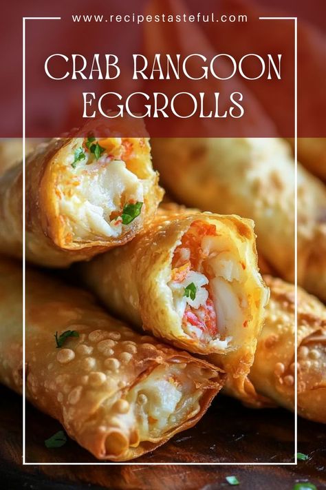 These Crab Rangoon Eggrolls are a delightful twist on the classic appetizer, combining the rich flavors of crab and cream cheese wrapped in flaky crescent rolls. Baked until golden brown, they're perfect for any occasion—whether as a snack, appetizer, or party treat. Crab Rangoon Egg Rolls Recipe, Crabmeat Eggrolls, Lobster Egg Rolls, Crab Rangoon Egg Rolls, Crab Rangoon Filling, Crab And Cream Cheese, Eggroll Recipe, Crab Puffs, Crab Rangoon Recipe