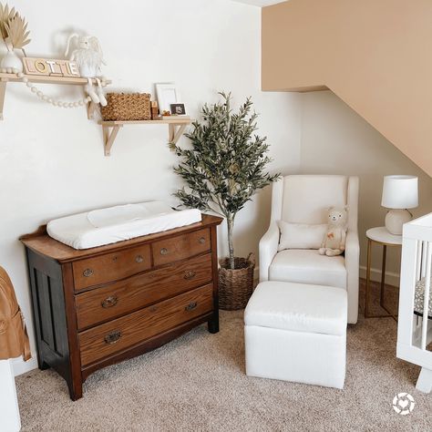 Gender Neutral Nursery Grey Furniture, Walnut Nursery Decor, Dark Wood Dresser Nursery, Dark Dresser Nursery, Espresso Nursery Furniture, Walnut Nursery Furniture, Brown Furniture Nursery, Traditional Gender Neutral Nursery, Mixed Wood Nursery