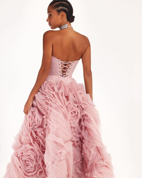 Skillfully cultivating blooms for your dramatic floral entrance 🌸 #amalthrea #amalthreadress Transparent Corset, Rose Prom Dress, Corset Closure, Ruffle Tulle Dress, Strapless Prom Dress, Pink Palette, Normal Clothes, Prom Dresses Sleeveless, Misty Rose