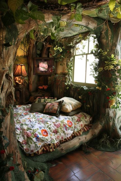 Sleep among the Trees: 55 Nature-Loving Forest Bedroom Designs to Bring the Outside In - DreamyHomeStyle Boho Chic Bedroom Ideas, Goblincore Bedroom, Chic Bedroom Ideas, Fairytale Room, Coastal Bedroom Ideas, Woodland Bedroom, Whimsical Houses, Forest Bedroom, Fairycore Room