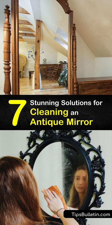 Finding the right glass cleaner for an old mirror is essential, as cleaning mirrors with the wrong cleaning solution causes damage. Keep your custom glass bathroom mirror clean with a DIY mirror cleaner using rubbing alcohol and a microfiber cloth, white vinegar, or dish soap. #clean #old #mirror Cleaning Mirrors, Antique Mirror Frame, Mirror Hack, Diy Household Cleaners, Mirror Cleaner, Hard Water Spots, Old Mirrors, Easy Hacks, Diy Cleaning Solution