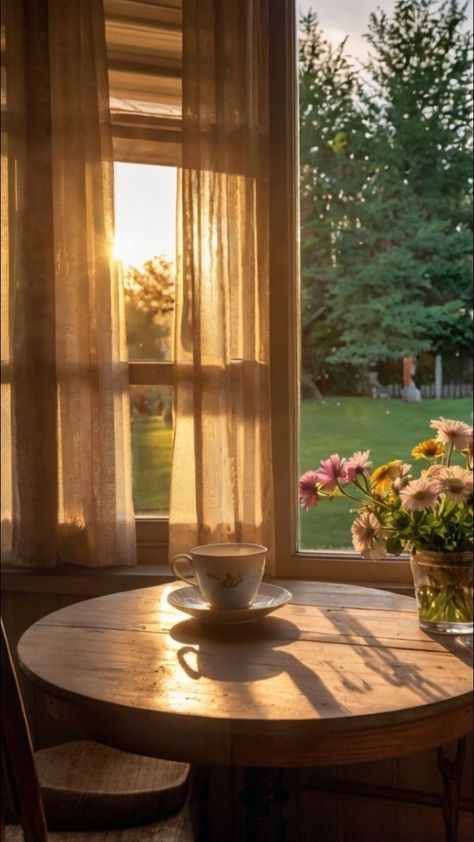 Slow Mornings Aesthetic, Peaceful Nature Aesthetic, Peaceful Home Aesthetic, Tea House Aesthetic, Simple Rustic Table, Slow Morning Aesthetic, Morning Vibes Aesthetic, Tea Outside, Morning Window