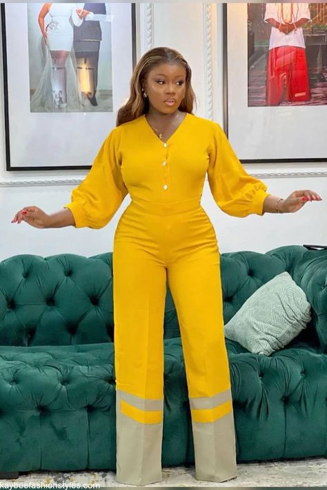 Latest Material Jumpsuit Styles for Ladies in 2024 - Kaybee Fashion Styles Lace Jumpsuit Outfit Classy, Jumpsuit Styles For Ladies, Yellow Two Piece Outfit, Lace Jumpsuit Outfit, Two Piece Outfits Pants, Jumpsuit Styles, Nails Styles, Bubu Gown Styles, Christian Church Outfit