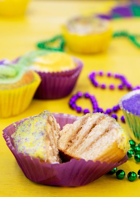 King Cake Cupcakes – Garden & Gun King Cake Cupcakes Recipe, King Cake Ice Cream, Traditional King Cake, Recipes For Gatherings, Work Desserts, Kings Cake, Kings Cake Cupcakes, Stuffed Cupcakes, Mardi Gras Cake