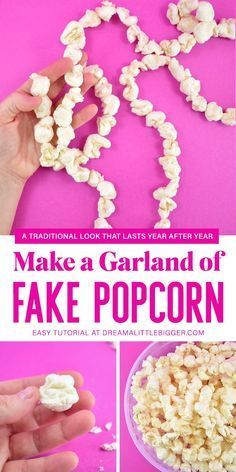 DIY Faux Popcorn Garland for Christmas ⋆ Dream a Little Bigger Fake Popcorn Garland, Popcorn Garland Diy, Faux Popcorn Garland, Fake Popcorn, Faux Popcorn, Food Props Diy, Popcorn Crafts, Make A Garland, Garlands Christmas