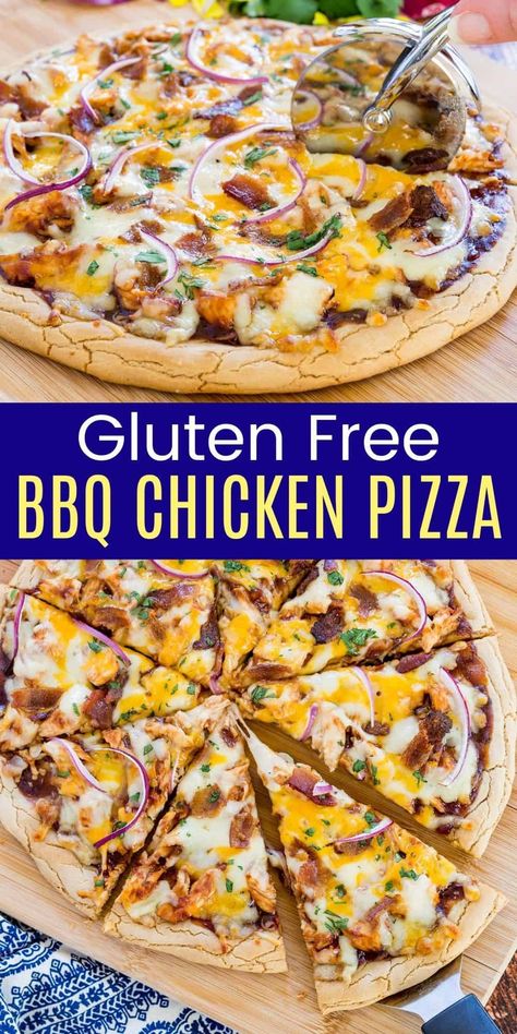 This flavor-packed Gluten Free Barbecue Chicken Pizza is the easy way to enjoy a restaurant favorite at home. Start with homemade gluten free pizza dough or a pre-made crust, then cover it with BBQ sauce, shredded chicken, three kinds of cheese, and more. You won't be able to stop at one slice! Gluten Free Bbq Chicken, Homemade Bbq Chicken Pizza, Bbq Chicken Pizza Recipe, Bbq Chicken Flatbread, Gluten Free Pizza Recipes, Chicken Pizza Recipe, Gluten Free Pizza Dough, Barbecue Chicken Pizza, Gluten Free Bbq