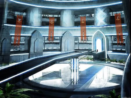 Image Sci Fi Library Concept Art, Futuristic Library Design, Futuristic School Concept Art, Alien Futuristic Aesthetic, Futuristic Academia Aesthetic, Sci Fi Library, Cyberpunk Library, Scifi Library, Gregory Fromenteau