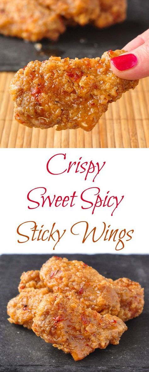 Crispy Sweet Sticky Spicy Wings - these have been the hit of many a Superbowl Party; everything you've ever wanted in great wings. One thing I know from years of recipe development is that people LOVE sticky spicy wings. This outstanding crispy version is in our TOP 3 wing recipes ever. Sticky Wings, Spicy Sandwich, Spicy Tuna Roll, Spicy Fried Chicken, Sweet And Spicy Chicken, Spicy Salad, Spicy Wings, Cooking Meals, Spicy Cheese