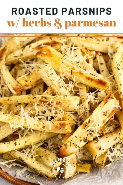 If you love roasted vegetables, this recipe for roasted parsnips with herbs and parmesan cheese is a simple and delicious way to enjoy them. Serve them as an easy side with dinner or for the holidays. Gluten-free and vegetarian. Healthy Parsnip Recipes, Parsnips Recipe Roasted, Parsnip Recipes, Roasted Parsnips, Healthy Snack Ideas, Healthy Side Dishes, Parsnips, Roasted Veggies, Yummy Sides