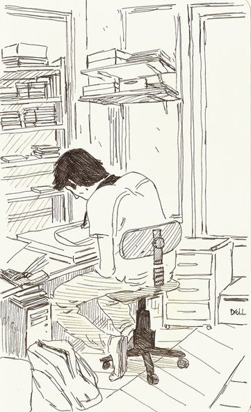 Person Sitting At Desk Drawing, Person Sitting At Desk Drawing Reference, Boy Sketch, Perspective Drawing Architecture, Bedroom Drawing, Building Sketch, Drawing Exercises, Character Design Sketches, Sitting Poses