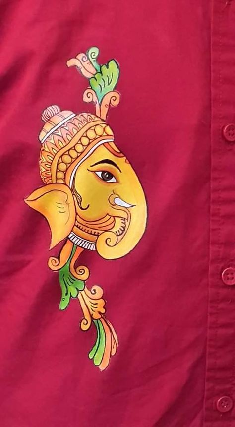 Kerala mural painting Mural Painting Kerala Saree Blouse, Ganesha Fabric Painting, Kerla Murals Paintings Easy, Paintings On Blouses, Mural Painting Ideas Kerala, Saree Mural Painting Designs, Kerala Mural Painting Simple, Simple Kerala Mural Painting Design, Ganpati Fabric Painting