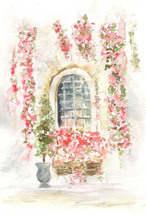 Pink Watercolor Aesthetic, Pink Italy Aesthetic, Posters Pink Aesthetic, Watercolor Paintings Ideas, Aesthetic Watercolor Painting, Aquarelle Ideas, Pink Wall Prints, Vining Flowers, Back To Eden