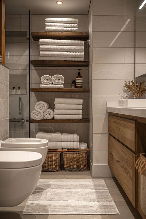 Bathroom Towel Storage Ideas, Floating Vanities, Small Bathroom Storage Solutions, Bathroom Corner Shelf, Bathroom Towel Storage, Floating Shelves Bathroom, House Bathrooms, Cabin Bathrooms, Bathroom Storage Solutions