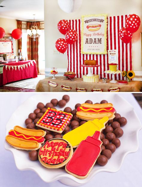 a hot dog adult birthday party with hot dog garland and condiment cookies Hot Dog Cakes, Happy Birthday Adam, Party Food For Adults, Hot Dog Party, Retro Birthday Parties, Cold Buffet, Hot Dog Bar, Carnival Birthday Parties, Retro Birthday