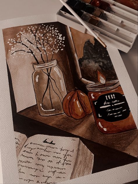 Autumn Aesthetic Watercolor Painting, October Aesthetic Painting, Watercolor Paintings Dark Academia, Dark Academia Watercolor Art, Fall Drawing Ideas Aesthetic, Autumn Aesthetic Drawing Ideas, Fall Aesthetic Painting Ideas, October Aesthetic Drawing, Cute Fall Drawings Aesthetic