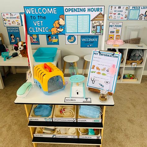 Vet Hospital Dramatic Play, Vet Clinic Dramatic Play Ideas, Classroom Vet Clinic, Vet Center Dramatic Play, Small Dramatic Play Area, Diy Play Vet Clinic, Pretend Play Classroom, Vet Clinic Pretend Play, Pet Clinic Dramatic Play