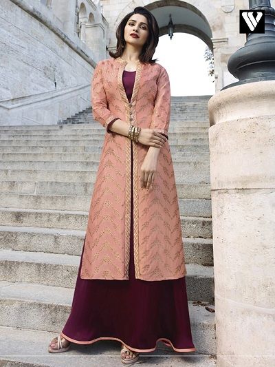 Long Koti Style Kurti, Koti Style Kurti, Long Kurti Designs Party Wear, Long Koti, Party Wear Maxi Dresses, Silk Kurti Designs, Wine Colour, Style Kurti, Gaun Fashion