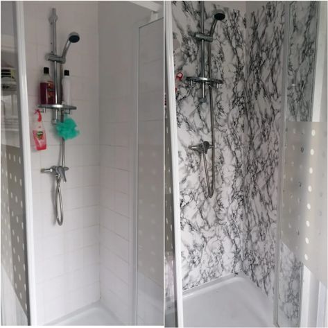 DIY fan uses sticky back plastic to completely transform inside her shower Contact Paper Shower Wall, Sticky Back Plastic Bathroom, Plastic Shower Makeover, Sticky Back Plastic Ideas, How To Paint Plastic Shower Walls, Vinyl Shower Walls, Tile Over Plastic Shower Wall, Bench Tops Kitchen, Bathroom Plastic Panelling