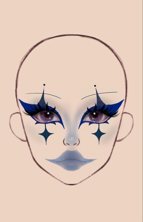 Masks Design Ideas, Pre Shower Makeup Ideas Crazy, Makeup Face Charts Creative, Eyeless Makeup, Preshower Makeup Ideas, Cool Makeup Looks Creative Full Face, Face Paint Makeup Ideas, Clown Makeup Looks Drawing, Goth Makeup Ideas Drawing