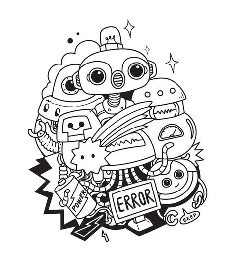 Technology Doodle Art, Technology Doodle, Robot Doodle, Spiral Drawing, Vector Robot, Doddle Art, Cricut Shirts, Cool Doodles, Vector Technology