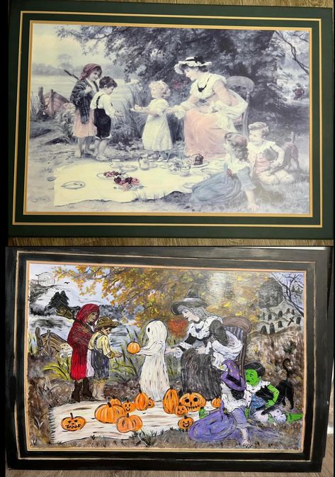 Thrift Store Fall Crafts, Thrift Store Art Makeover Spooky, Halloween Picture Painting Ideas, Goodwill Spooky Painting, Halloween Painting Makeover, Halloween Painting Thrift Store, Upcycled Paintings Thrift Stores, Repainting Pictures For Halloween, Spooky Goodwill Painting