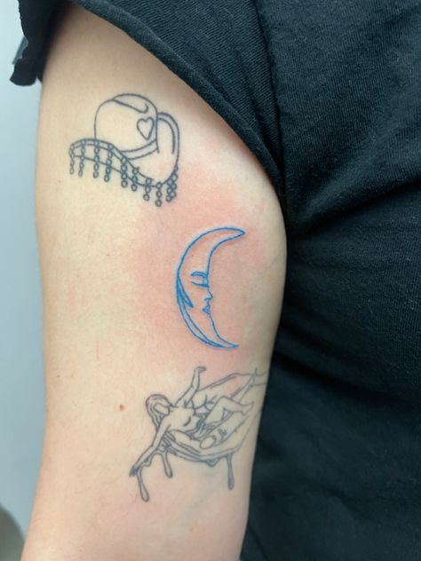 Blue Outline Tattoo, Light Blue Tattoo, Blue Tattoos, Blue Moon Tattoo, Moon Outline, Cute Tats, Piercing Inspo, Im Blue, Blue Tattoo