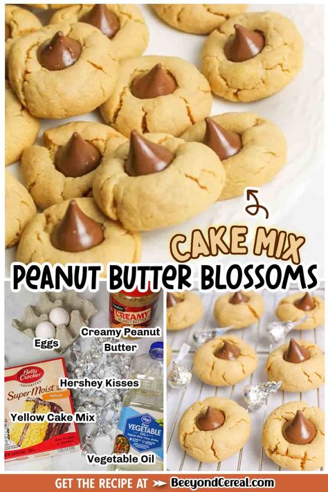 These simple and delicious peanut butter blossoms are made with just 5 ingredients thanks to a box of yellow cake mix and the iconic Hershey Kiss center! These cookies are fast to pull together, bake beautifully and taste so tender, moist and fresh for DAYS...assuming they last that long. You're going to love this simple semi-homemade recipe and never go back to the old way of making pb blossom cookies again. Cake Mix Peanut Butter Blossoms, Cookies With Icing In The Middle, Hershey's Recipes, Peanut Butter Kiss Cookies Recipe, Peanut Butter Blossom, Peanut Butter Kiss, Peanut Butter Kiss Cookies, Butter Blossoms, Christmas Corner