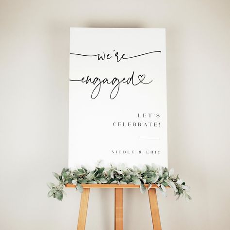 This Engagement Sign is a digital editable template, using Templett.com. Edit right in your web browser. It features a refined typography and Minimalist style. This We Are Engaged Sign will be the perfect touch for your Engagement party, Wedding or Rehearsal dinner.  You will receive an access link within minutes after purchase to your email. Make your edits (wording, font, background color etc.), download and print at home or with print shop/copy center/photo lab. Please try free demo before pu Engagement Minimalist Decor, Engagement Party Signs Diy, We Are Engaged, At Home Engagement Party, Engagement Party Sign, We Are Engaged Sign, Engagement Signage, Welcome To Our Engagement Party Signs, We're Engaged Sign