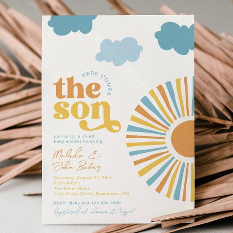 Here Comes The Son Baby Shower Theme, Boy Shower Themes, Sunshine Baby Shower Invitations, Here Comes The Son, Baby Shower Boho, Boy Baby Shower Ideas, Sunshine Baby Showers, Boho Baby Shower Invitations, Coed Baby Shower